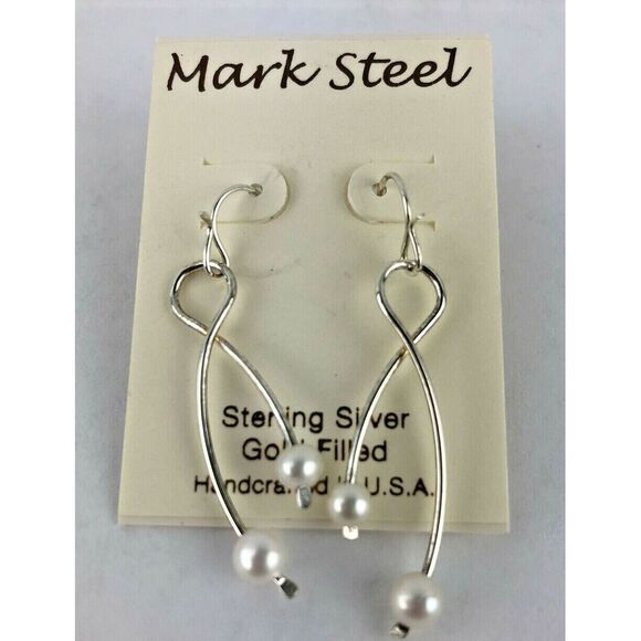 Mark Steel Earring Sterling Silver Dangle Drop‎ White Bead Fish Hook Handcrafted - Picture 1 of 4